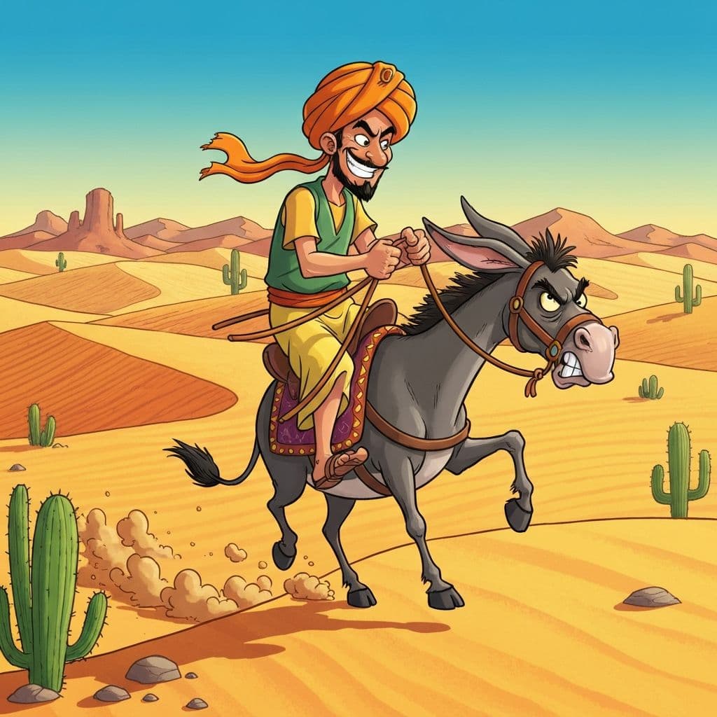رسم توضيحي لجحا يركب حماره بأسلوب كرتوني عربي تقليدي